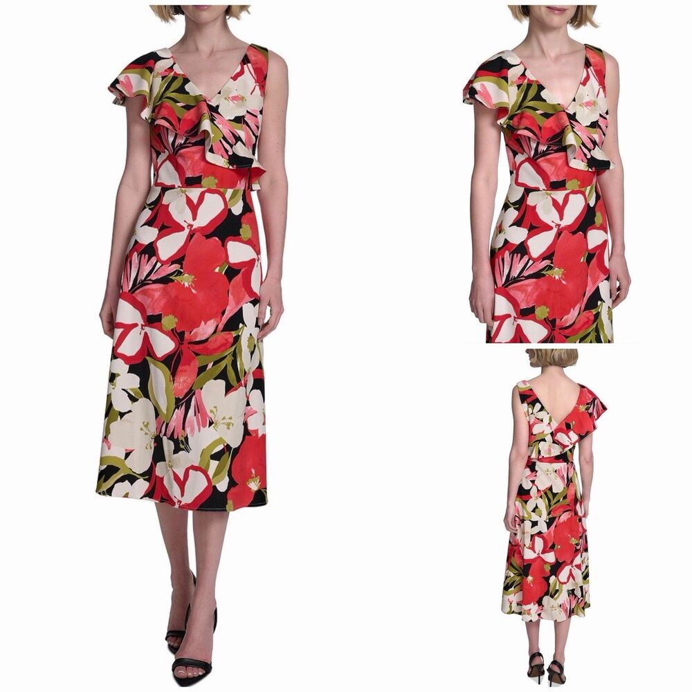 Halston Women's Pink Floral Printed Asymmetric Ruffled Midi Scuba Fabric Dress 2